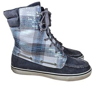 Sperry Top-Sider 9824087 Corduroy Sequin Gray Plaid Lace Up Boots Women's 9.5 M